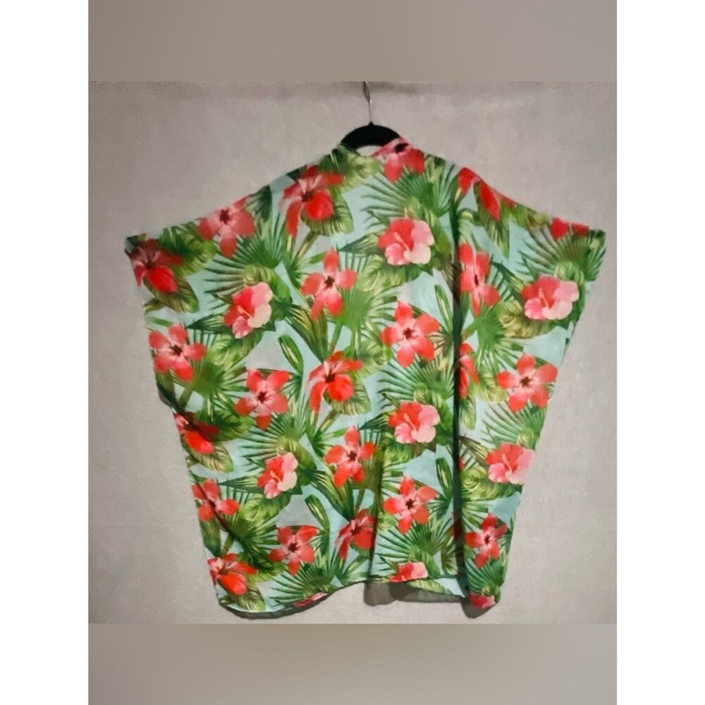 Tropical Floral Kimono Cardigan One Sz Hibiscus Palm Leaf Sheer Resortwear Blue - Picture 3 of 8